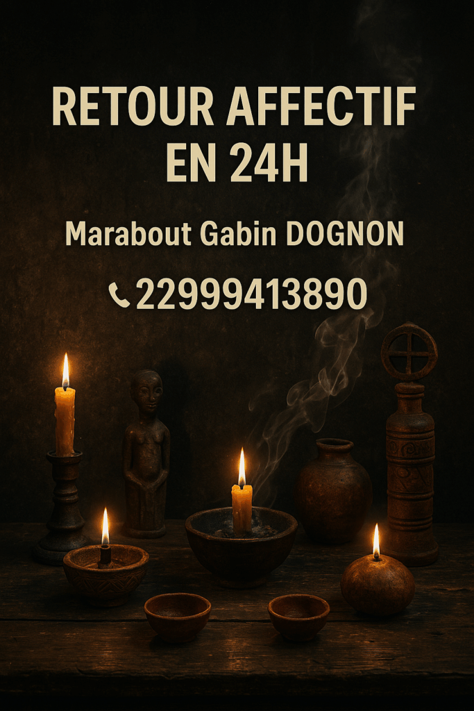 Retour affectif rapide en 24h avec un marabout sérieux , Autel mystique africain de retour affectif en 24h, rituels sacrés du Marabout Gabin DOGNON avec bougies, encens et objets vaudou béninois sous lumière spirituelle.